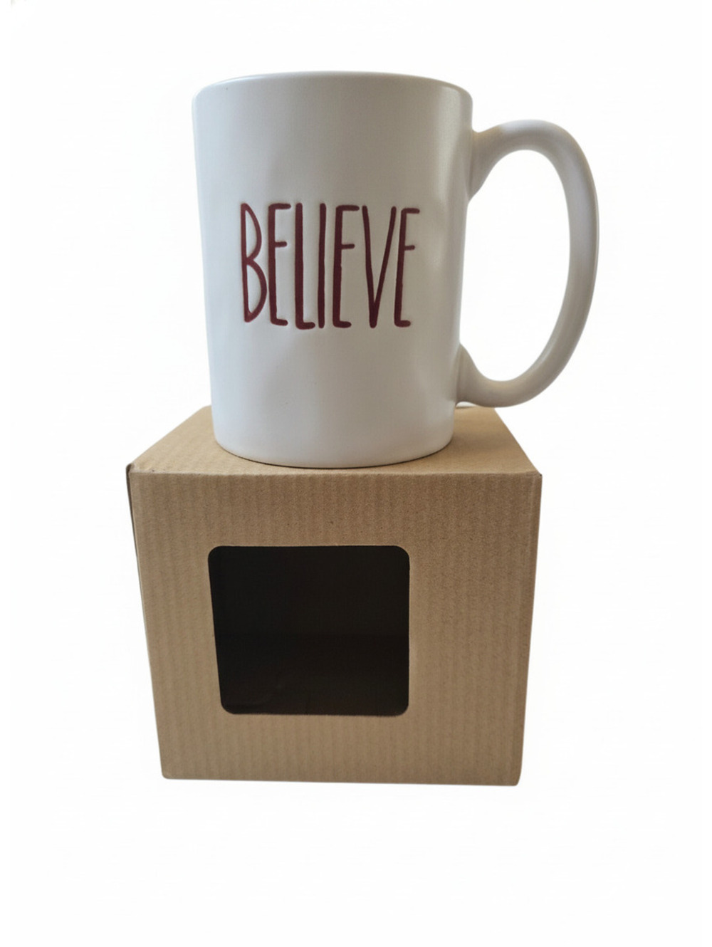 Koppers White Ceramic Mug with 'BELIEVE' Text